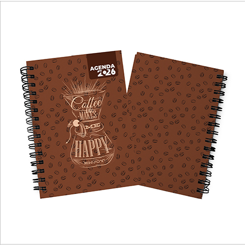 Agenda 2026 15X21cm com capa dura em papel empastada com cartão e debrú, laminação Prolan Wire-O e miolo pronto